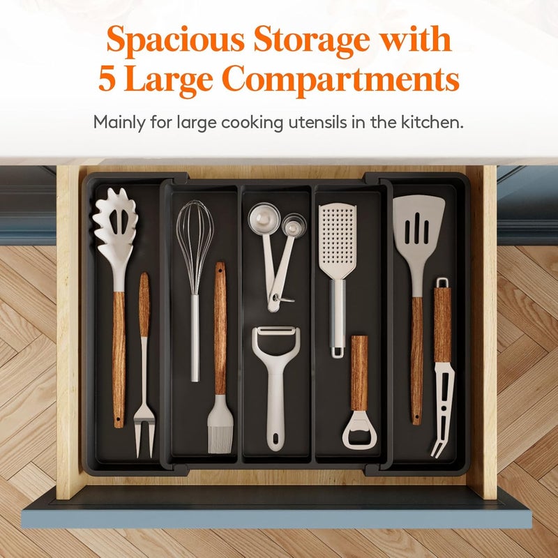 Lifewit Utensil Organizer for Kitchen Drawers, Expandable Cooking Utensil Tray, Adjustable Cutlery Silverware Flatware Holder, Plastic Spatula Tools and Gadgets Storage Divider, Black, 11"-18" x 14" - Image 4